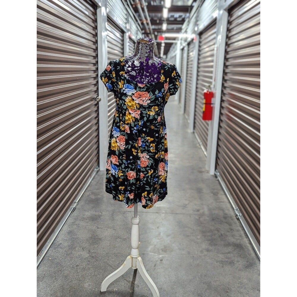 Old Navy Medium Maternity Black with Colorful Floral Mini Dress Boho Cottagecore
